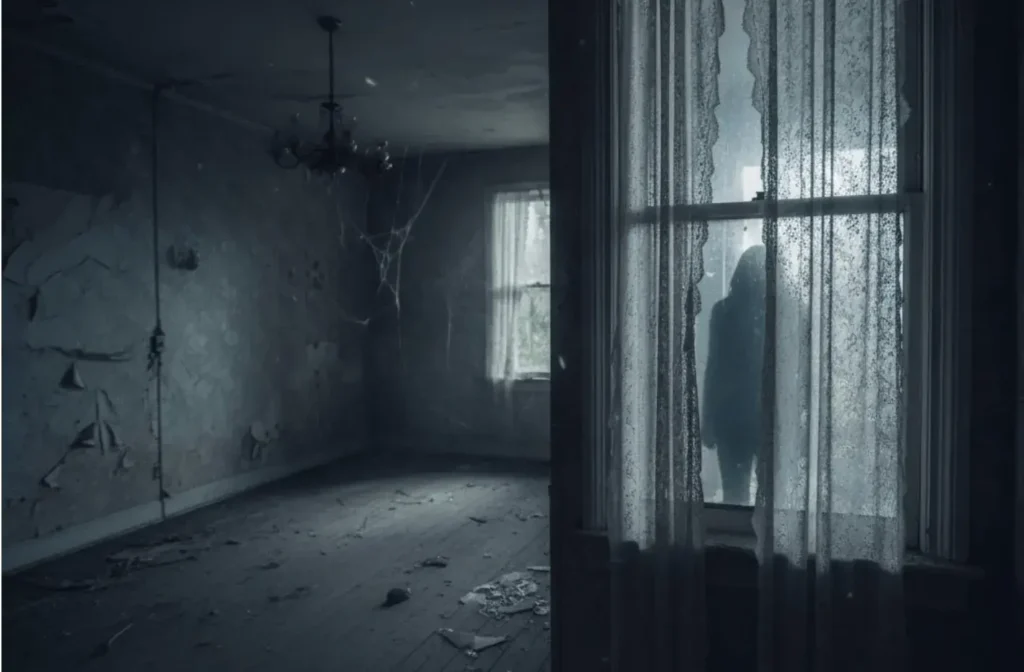 An AI-generated image of a figure looking into an abandoned house