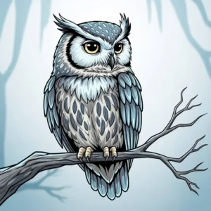 QuillBot generated cartoon owl in soft blue and gray colors