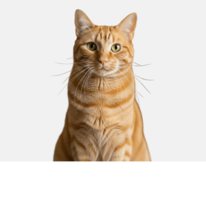 Orange tabby cat looking directly into the camera against a solid white background