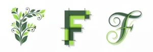 Three letter F designs from left to right, floral, geometric, and cursive