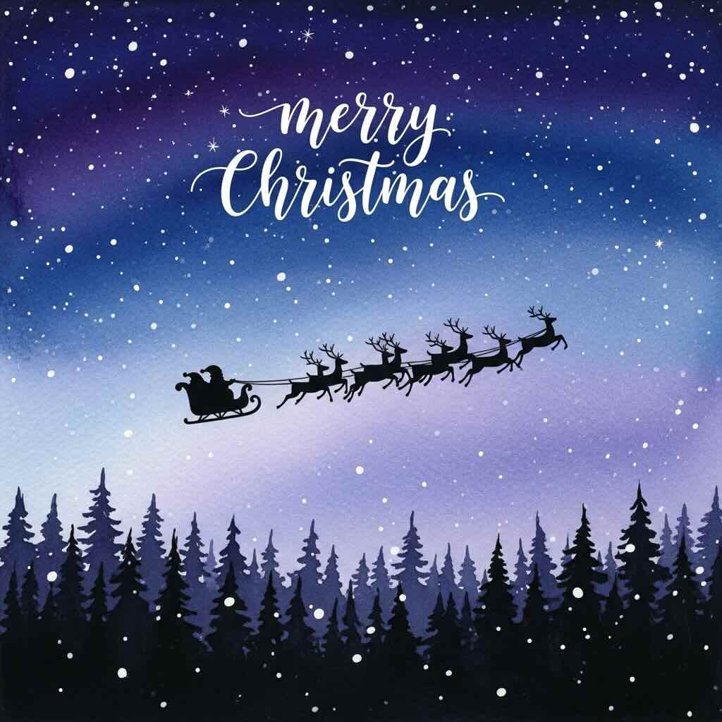 Weihnachtsgruss-Santa-mit-Schlitten-am-Nachthimmel