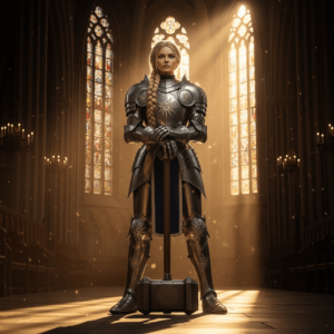 A woman in armor standing in a church