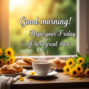 Image of a table with pastry, flowers, and a steaming cup of coffee. The text reads "Good morning!Hope your Friday is off to a great start."