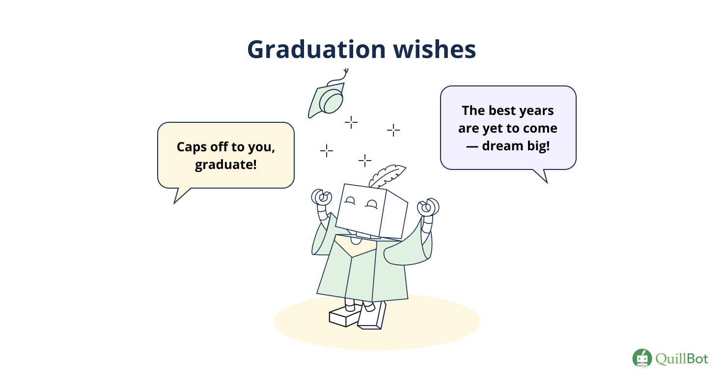 QuillBot visual of a robot throwing a graduation cap in the air in celebration