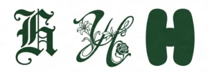 Three letter H designs from left to right, old english h, cursive h with flowers, and bubble letter h