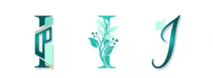 Three letter I designs from left to right, geometric, floral, and cursive