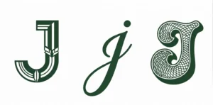 Three letter J designs from left to right art deco, cursive, retro