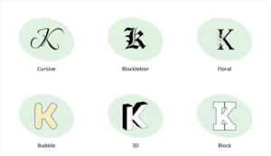 6 styles of letter K: cursive, blackletter, floral, bubble, 3D, and block
