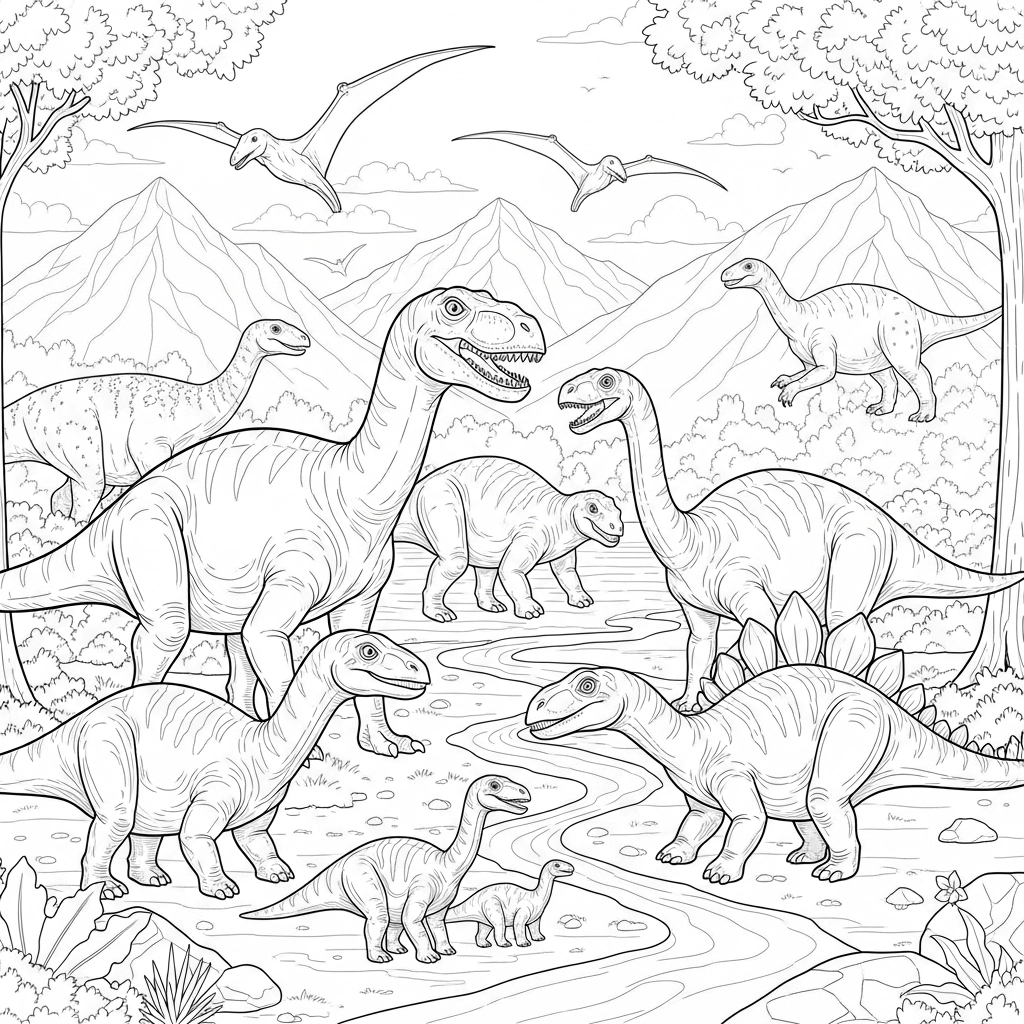 Anspruchsvolles Ausmalbild von einem Dinosaurier