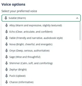 Dropdown menu of over 30 voices