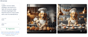 A screenshot of an output from QuillBot's design generator. The prompt is shown on the left, and two images of chef golden retrievers are shown on the right.