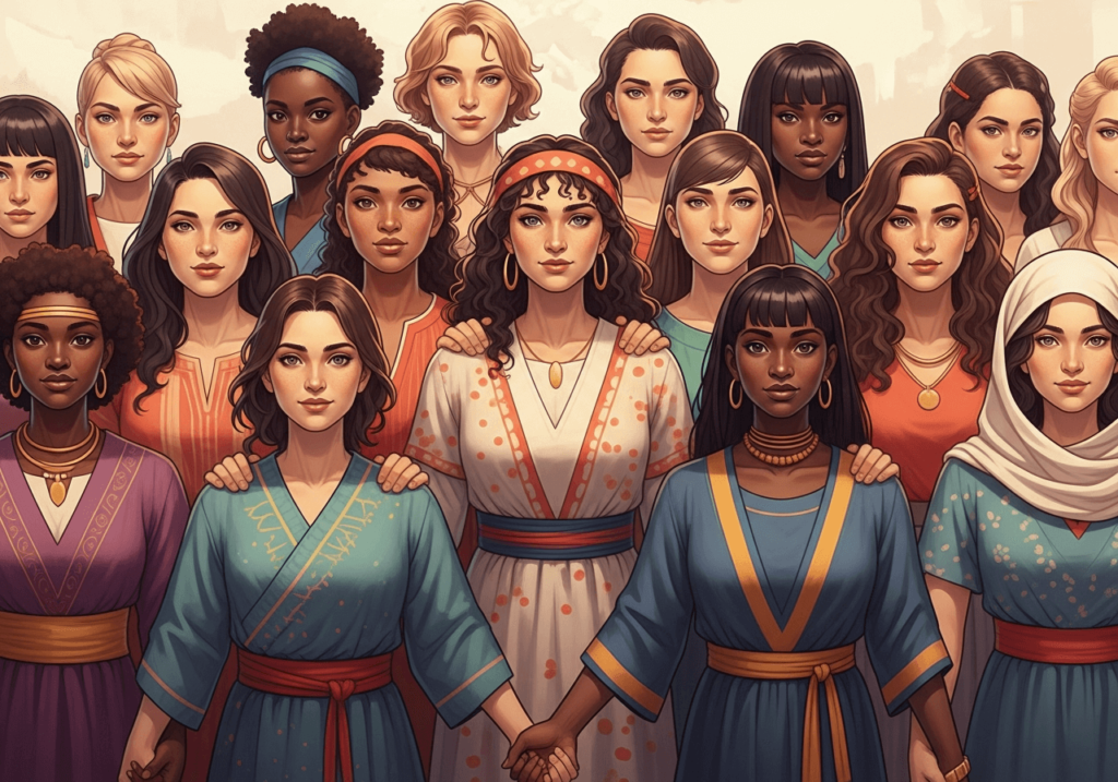 An AI-generated image of diverse women from around the world holding hands