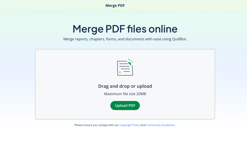 A screenshot of QuillBot's merge PDF tool