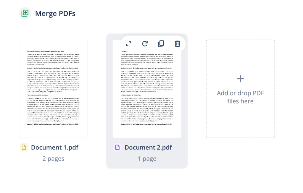A screenshot of QuillBot's merge PDF tool with document options