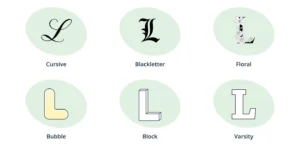 Capital letter L in cursive, blackletter, floral, bubble, block, and varsity designs