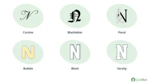 Capital letter N in 6 different styles