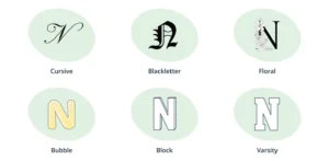 Capital letter N in 6 different styles
