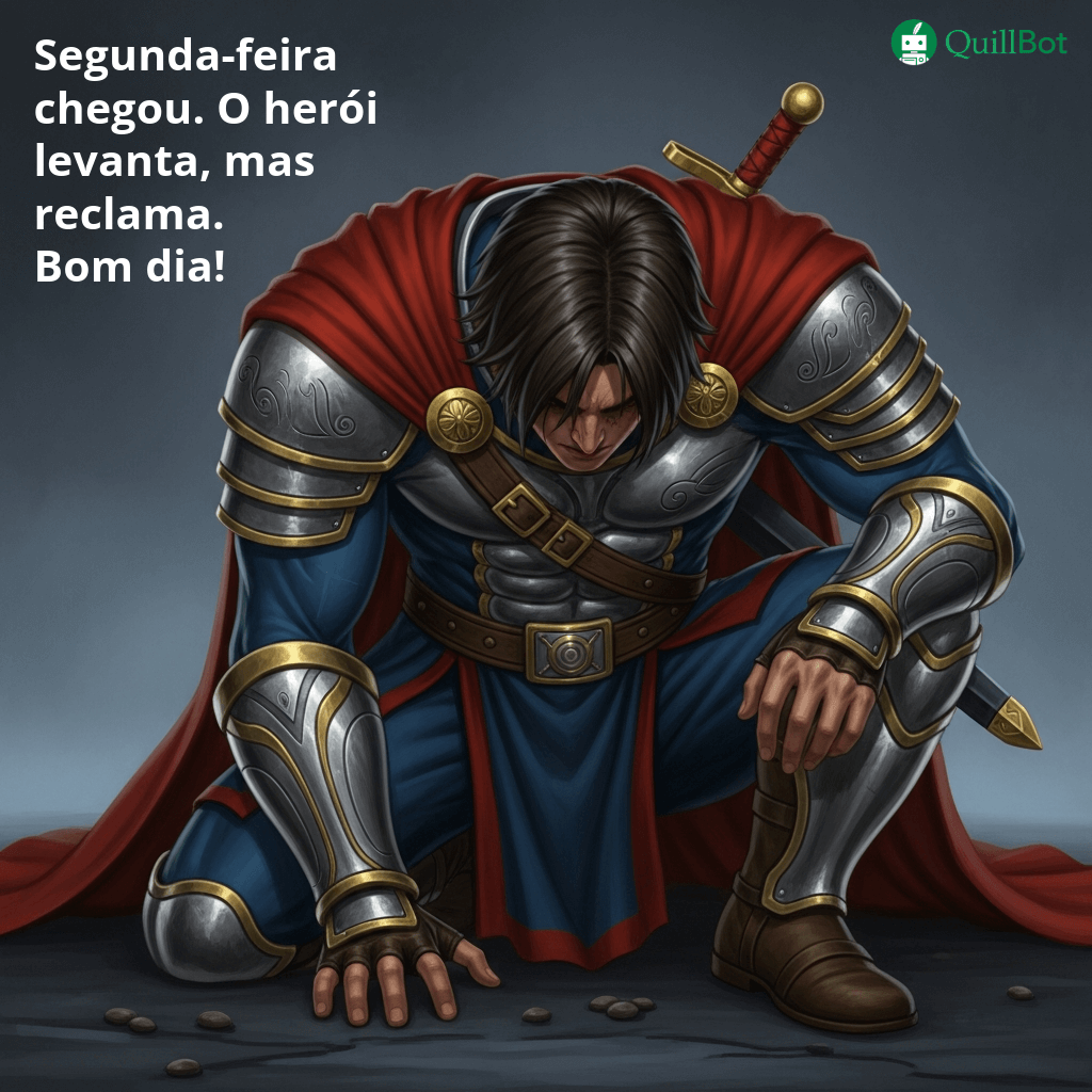 A imagem de um heroi com a cabeça baixa e a frase: Segunda-feira chegou. O herói levanta, mas reclama. Bom dia!
