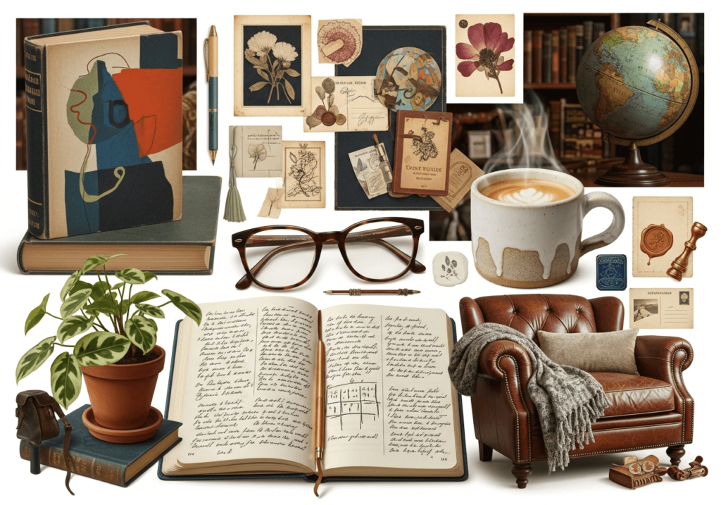 An AI-generated mood board for a made-up bookshop