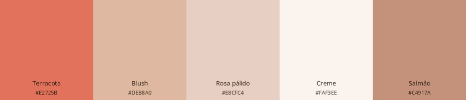 Paleta de cores contendo cinco tonalidades: terracota, blush, rosa pálido, creme e salmão.