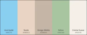 Paleta de cores composta por: azul-bebê, nude, greige médio, sálvia e creme suave.