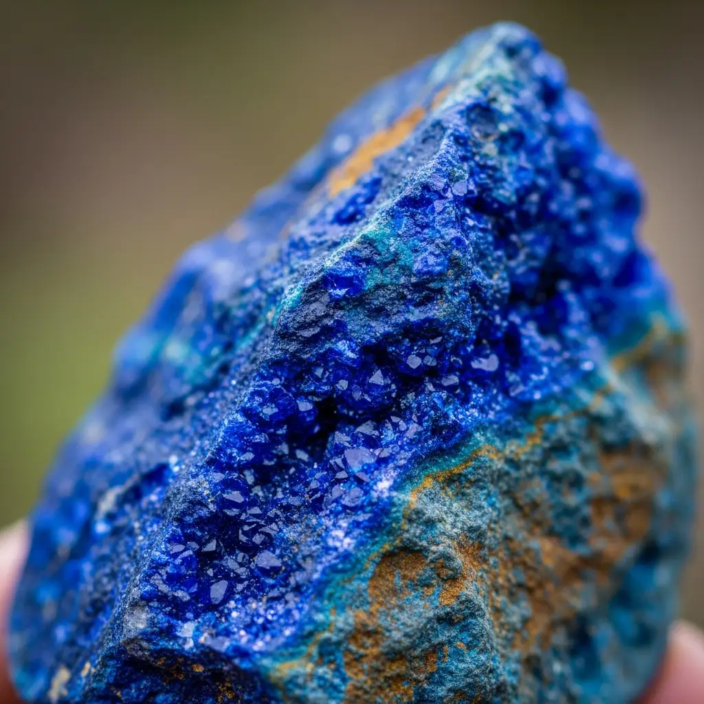 Close up em pedra azurita, de cor azul brilhante.