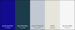 Paleta de cores composta por: azul-marinho, azul petróleo, cinza prateado, linho e branco gelo.