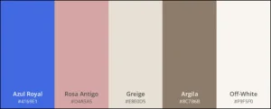 Paleta de cores composta por azul royal, rosa antigo, greige, argila e off-white.