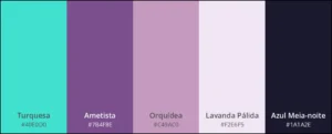 Paleta de cores composta por turquesa, ametista, orquídea, lavanda pálida e azul meia-noite.