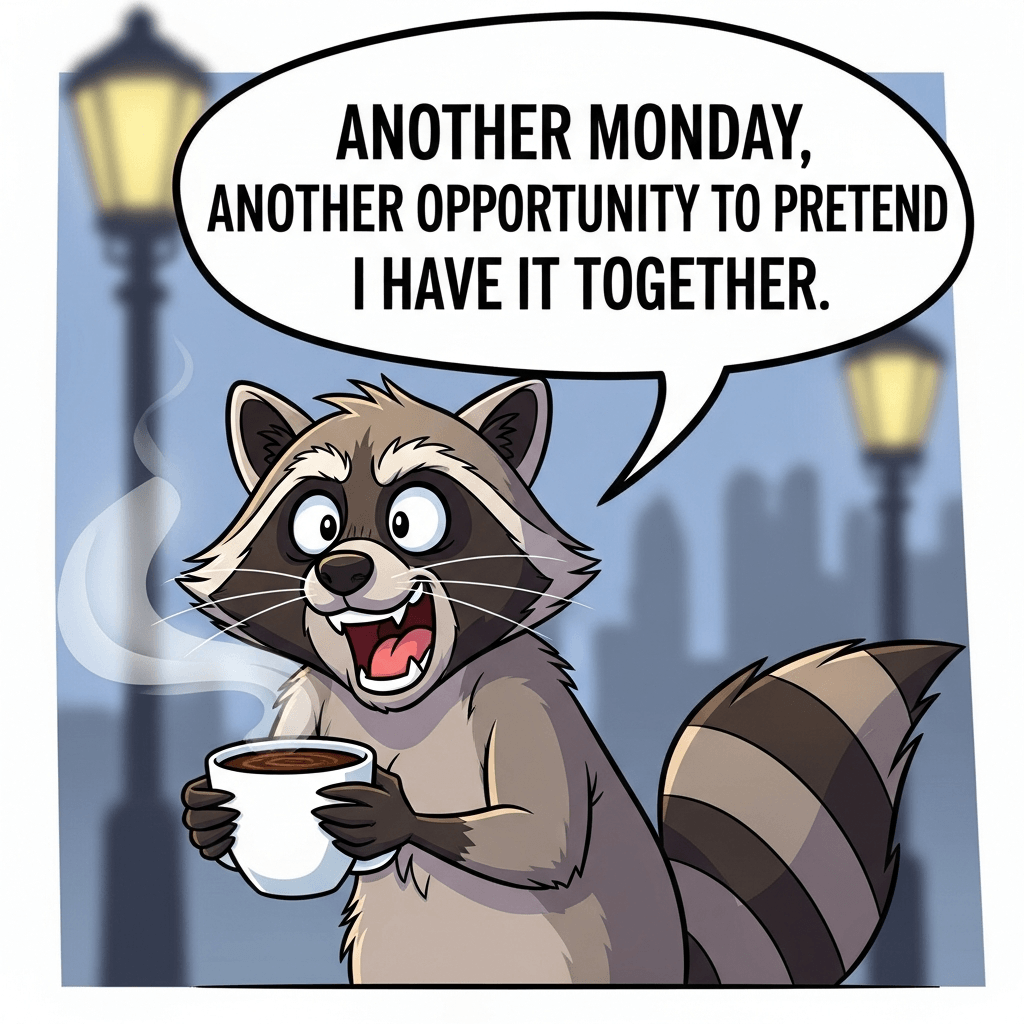 Cartoon raccoon looking jittery while holding a cup of coffee, with the text “Another Monday, another opportunity to pretend I have it together."