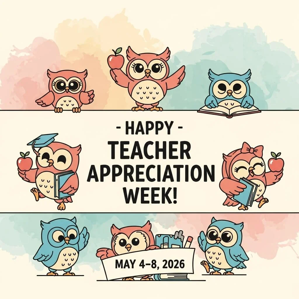 Teacher Appreciation Week Flyer with cute owls and school supplies
