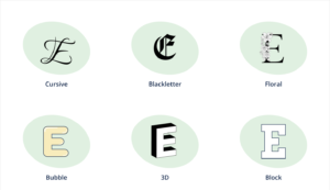 Six different letter E designs, including cursive E. Old English E, floral E, bubble letter E, 3D letter E, and block letter E