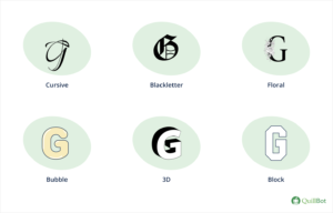 Six letter G designs: cursive, blackletter, floral, bubble, 3D, and block