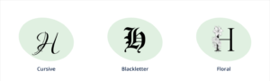 Visual examples of a cursive, old English, and floral letter h
