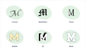 Six letter M designs: cursive, blackletter, floral, bubble, 3D, and block