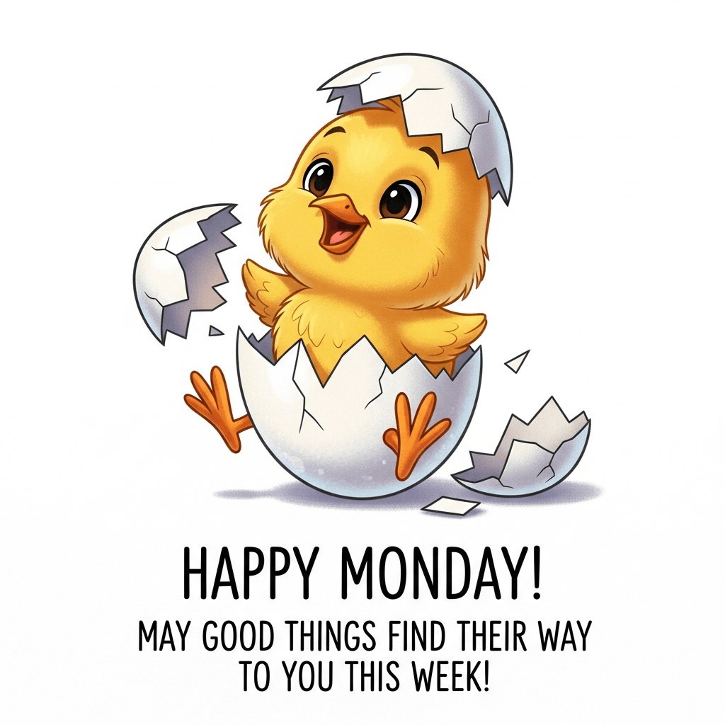 Cartoon chick popping out of an eggshell, with the text “Happy Monday! May good things find their way to you this week.”