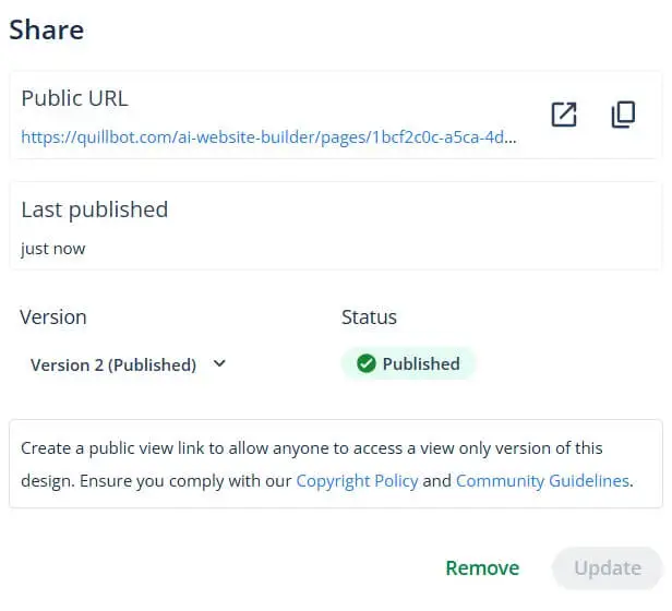 Pop-up window to create a link for a Quillbot-generated website design