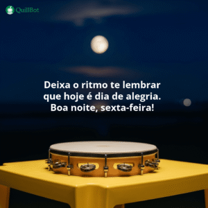 A imagem de um pandeiro em cima de uma mesa de plástico amarela com uma lua cheia ao fundo e a frase: Deixa o ritmo te lembrar que hoje é dia de alegria. Boa noite, sexta-feira!