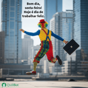 A imagem de um palhaço de costas com uma roupa colorida e uma maleta de escritório nas mãos, acompanhado da frase: Bom dia, sexta-feira! Hoje é dia de trabalhar feliz.