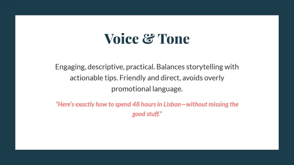 A page from a sample brand kit for a travel content creator showing brand voice and tone