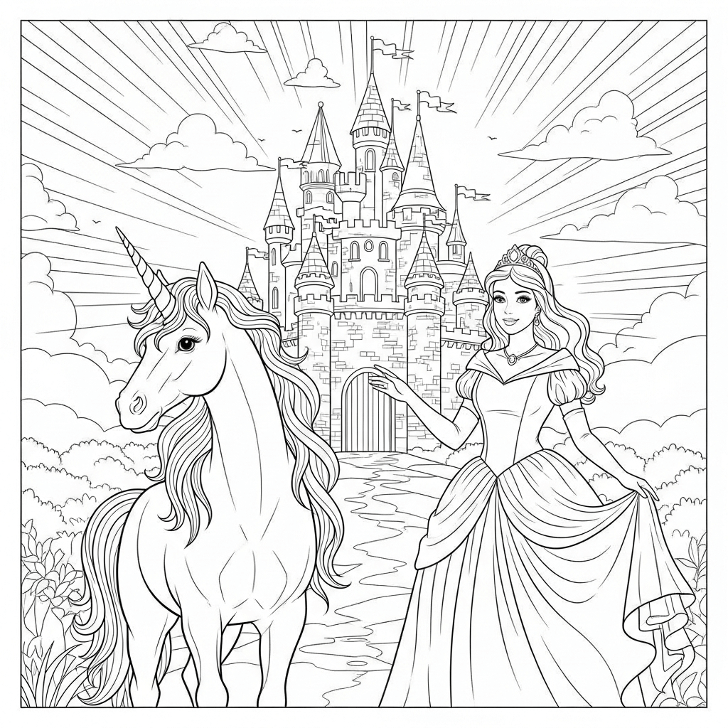 coloriage licorne chateau princesse