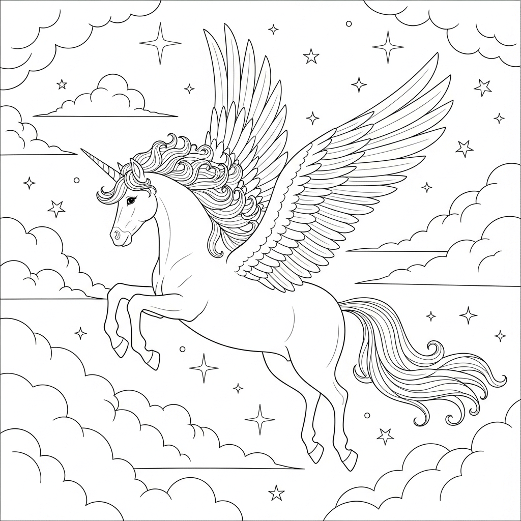 coloriage licorne ciel