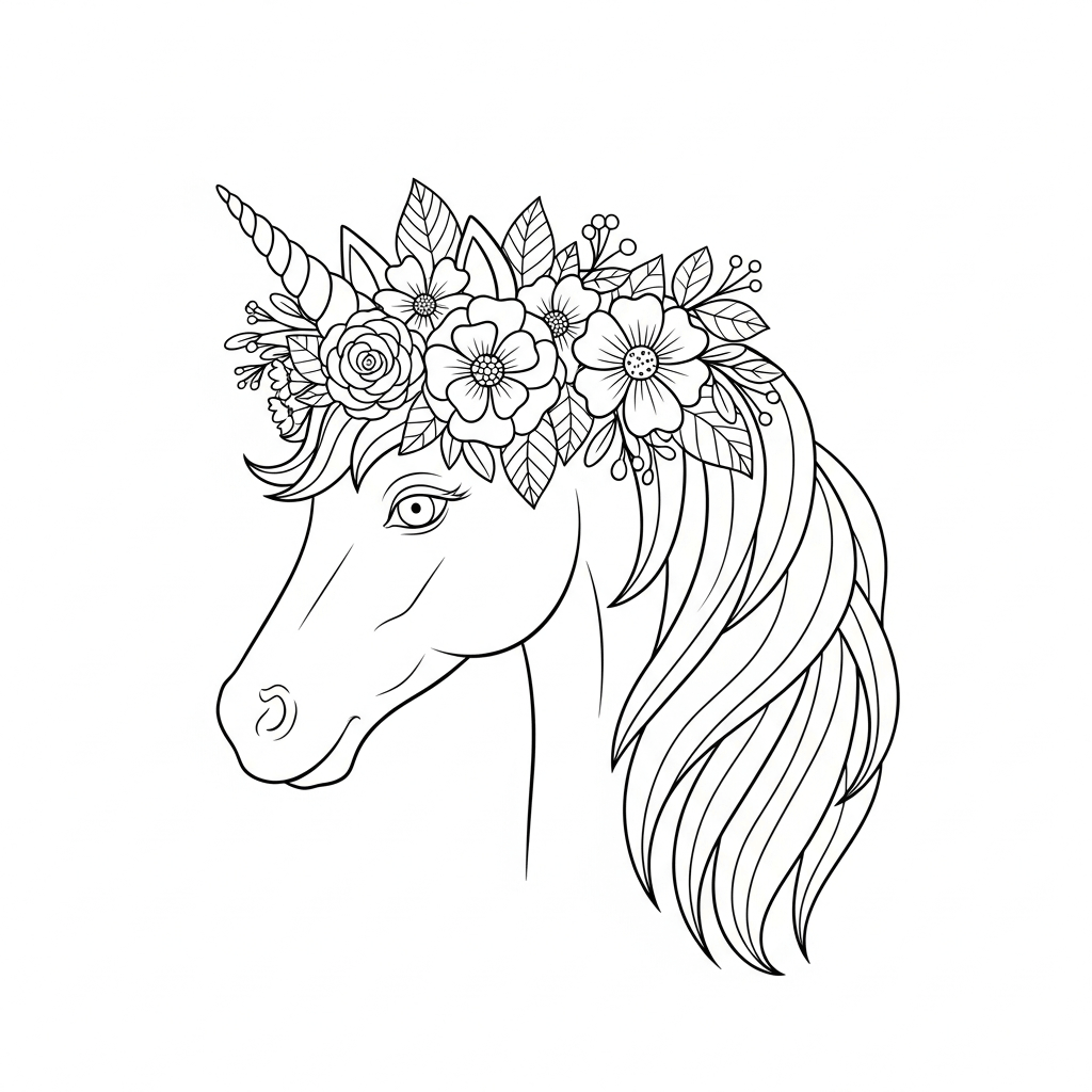 coloriage licorne couronne fleurs