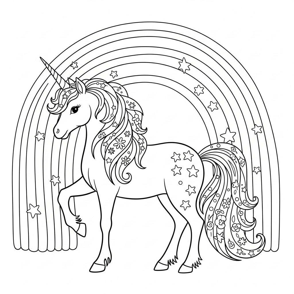 coloriage licorne et arc en ciel