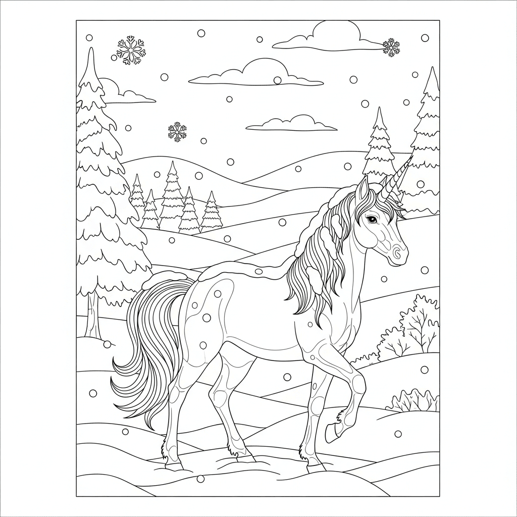 coloriage licorne neige