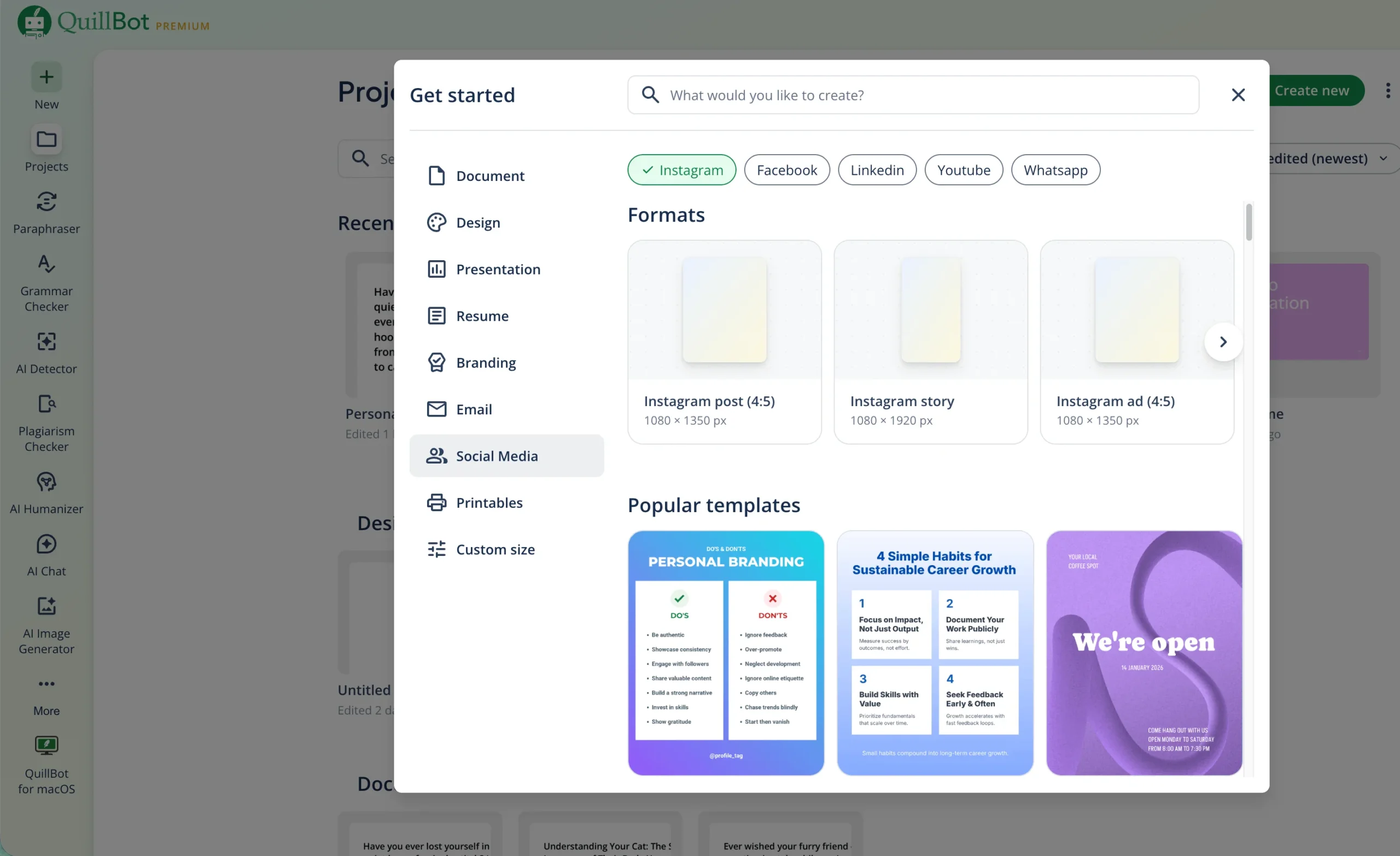 A screenshot of QuillBot Projects, which allow you to create different types of content