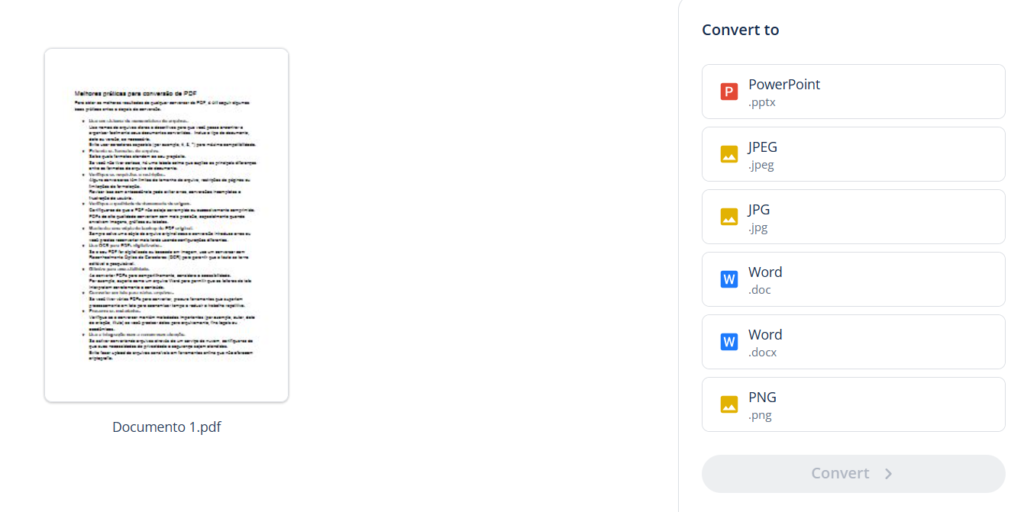 A imagem da ferramenta para selecionar o tipo de arquivo para conversão do PDF.