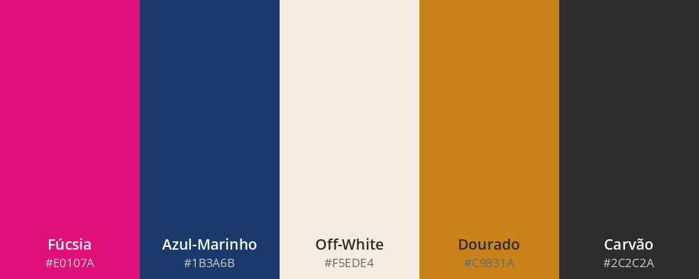 Paleta nas cores: fúcsia, azul-marinho, off-white, dourado e carvão.