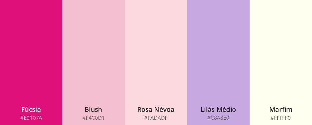 Paleta nas cores: fúcsia, blush, rosa névoa, lilás médio e marfim