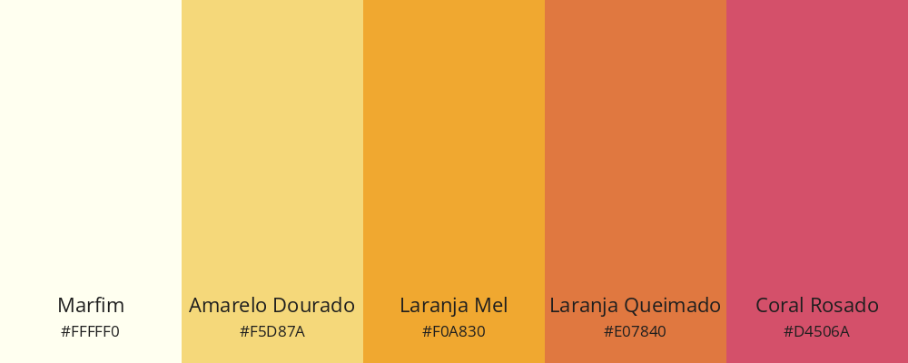 Paleta de cores análogas: marfim, amarelo dourado, laranja mel, laranja queimado e coral rosado.